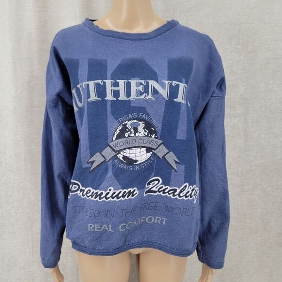 Tompkins Ave 90s Vintage USA Cropped Crewneck Blue One Size OSFA Oversized - Picture 5 of 12